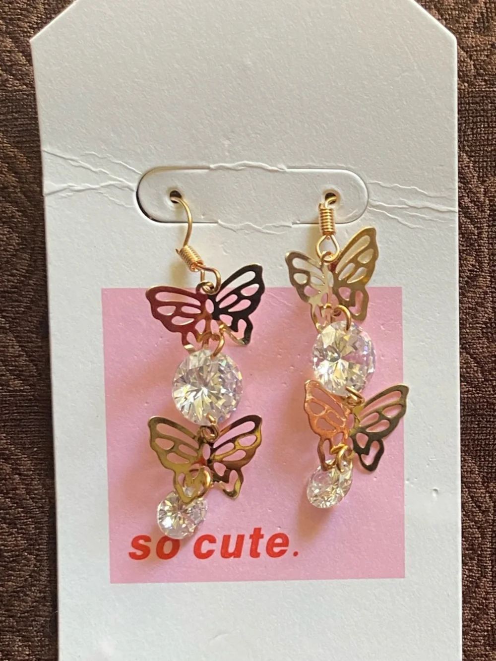 Gold Butterfly Dangle Earrings with Clear Crystals Rhinestone Drops Y2K - Picture 3 of 5
